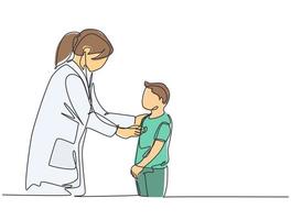 One single line drawing of female pediatric doctor examining heart beat young boy patient with stethoscope. Trendy medical health care treatment concept continuous line draw design vector illustration