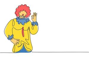 Single one line drawing clown with gesture okay, wearing wig and smiling face makeup, entertaining kids at birthday party. Good perform. Modern continuous line draw design graphic vector illustration