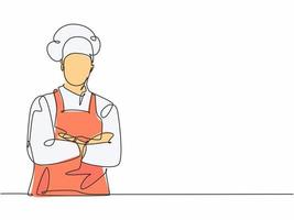 Single continuous line drawing of  young confident handsome male chef in uniform pose standing and crossing arm in chest. Resto banner model concept one line drawing design vector graphic illustration