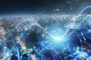 Fast connection in the city at night. Abstract technology background. photo