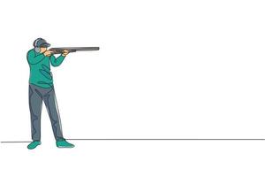 One single line drawing of young man practicing to shot target in range on shooting training ground vector illustration graphic. Clay pigeon shooting sport concept. Modern continuous line draw design