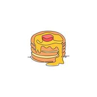 One single line drawing fresh stacked pancake with butter logo vector graphic illustration. Breakfast food cafe menu and restaurant badge concept. Modern continuous line draw design food shop logotype