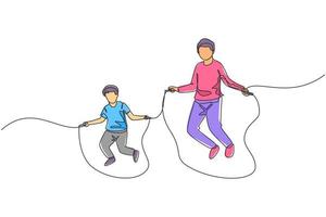 Single continuous line drawing young father and his son exercise jumping with skipping rope at park near home. Happy family parenthood concept. Trendy one line draw design graphic vector illustration