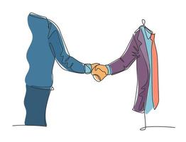 Single line drawing of businessmen in suite handshaking his business partner. Great teamwork. Business deal concept with trendy continuous line draw style graphic vector illustration