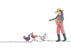 Single one line drawing of young female farmer is feeding the chickens with chicken feed. Farming challenge activities minimal concept. Modern continuous line draw design graphic vector illustration.