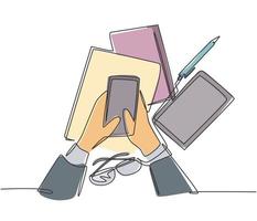 One single line drawing of gesture finger hand holding smartphone device with stack of books and glasses below. Telecommunication gadget concept. Trendy continuous line draw design vector illustration