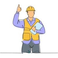 Single line drawing of young construction worker foreman carrying clipboard and giving thumbs up gesture. Building constructor concept. Continuous line draw design vector illustration
