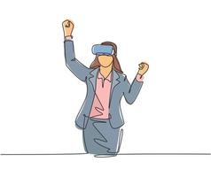 Single continuous line drawing of young happy businesswoman celebrates his successful finishing business simulation. Virtual reality game player concept one line draw design vector illustration