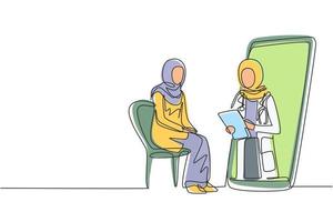 Continuous one line drawing hijab female doctor holding clipboard checking condition of Arab female patient sitting on chair. Online consultation. Single line draw design vector graphic illustration