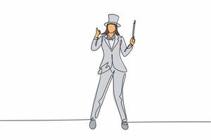 Single continuous line drawing female magician stands with thumbs-up gesture wearing a hat and holding a magic wand performing tricks at a circus show. One line draw graphic design vector illustration