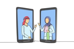 Una sola línea continua dibujando dos teléfonos inteligentes cara a cara y contienen un paciente árabe y una doctora hijab con sus cuerpos como si salieran de un teléfono inteligente. diseño gráfico dinámico de dibujo de una línea vector