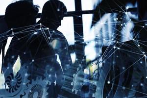 Business team with gears system. Teamwork, partnership and integration concept with network effect. double exposure photo