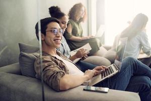 Businessman in office connected on internet network. concept of startup company photo