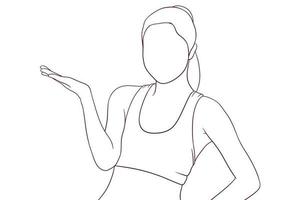 young fitness girl raise her palm in a hand drawn vector illustration