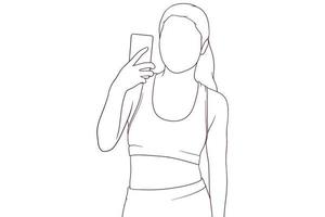 Young fitness girl holding a smartphone, posing and taking a photo. Hand drawn vector illustration