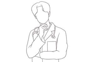 A young male doctor thinking deeply in a hand drawn vector illustration
