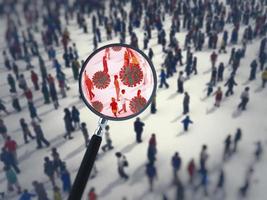 Search for the virus among people with a magnifying glass. 3D Rendering photo