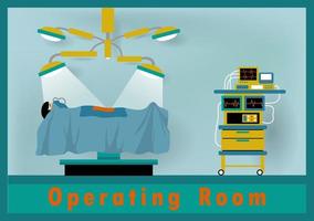 Operating room with patient, vector cartoon illustration