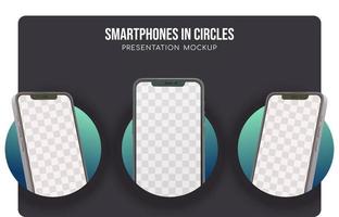 Smartphones popping out from gradient circles mockup on dark background vector