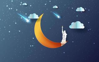 3D Paper art and craft style of half moon with Statue of liberty NEW YORK USA concept.Cloud and shooting star on Sky night sweet dream your text space blue dark background vector.illustration. vector