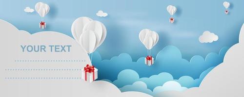 3D paper art and craft style of balloon white  floating and Gift Box on in the air blue sky.Your text space background vector.Festival decorations for card concept.Christmas,vector.illustration vector