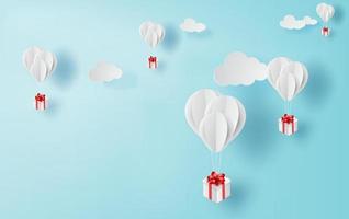 3D paper art and craft of balloon white floating on sky,Balloon with Gift Box Floating on air blue background,happy new years and merry Christmas,Festival enjoy concept,Color use pastel sweet vector