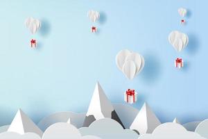 3D paper art and craft of balloon white floating on sky,Balloon with Gift Box Floating on air blue background,happy new years and merry Christmas,Festival concept,landscape snowy mountain.vector