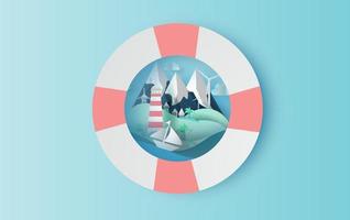 Paper art of Illustration travel in holiday with swim ring concept,Graphic design for summer season paper cut and craft style,summertime idea pastel color background,sea view landscape Island. Vector