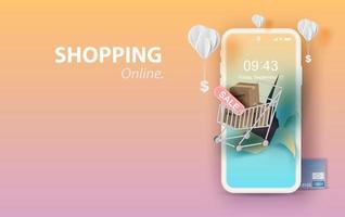 Paper art of smartphone for online shopping your text space background, Shopping Cart Floating on mobile phone concept,Balloon by dollar money on pastel color,Shopping via the internet shop.vector. vector