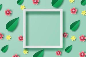 3D Paper art of illustration spring background with flowers and leaf frame place for text space,Spring time season graphic design concept,Floral Flower and leaf pattern with paper cut style.vector. vector