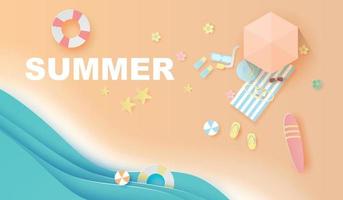 illustration of paper art and craft top view  travel summer season on the beach,Summer time for swimming equipment,Seaside with landscape pastel color tone background,Paper cut style digital vector. vector