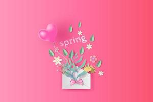 Paper art and craft of bouquet with spring season text,Springtime Paper letters or envelope decoration of Bouquet flowers,Leaf and balloon heart by text placed on pink pastel color background, vector. vector