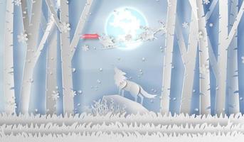 illustration of paper art Wolf howling on mountain at night winter season forest.Happy new year and Merry Christmas day,Snowfall Landscape forest in full moon,creative idea wintertime concept vector. vector