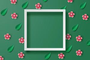 Paper art of illustration spring background with flowers and leaf frame place for text space,Spring time season graphic design concept,Floral Flower and leaf pattern with paper cut style.vector. vector