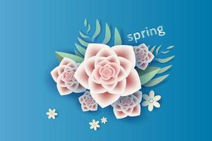 Digital 3d Paper art of illustration flower and leaf decoration spring on placed text space background,Springtime season for card Environment concept,Creative idea paper cut style with card,vector vector