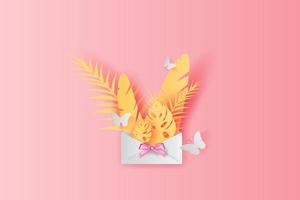 3d papel Arte de ilustración verano tropical hoja palma decoración en metido texto fondo, papel cortar origami exótico Hawai estilo bosque, verano diseño por papel letras o sobre concepto, vector