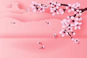 illustration of paper art and craft spring season temple on mountain by cherry blossom concept,Springtime with sakura branch, Floral Cherry blossom with landscape place text space background,vector. vector