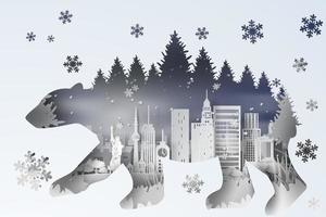 3d ilustración digital papel Arte de bosque en nuevo York ciudad EE.UU. paisaje Nevado con polar oso curva sombra concepto, blanco paisajes urbanos y bosque nieve ver escena, papel cortar creativo diseño idea, vector