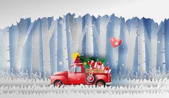 3D illustration of paper art Red Classic pickup truck car by gift,Christmas tree and balloon winter season forest.Happy new year and Merry Christmas day,Snowfall Landscape forest in full moon,vector. vector