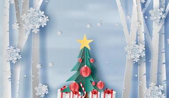 3d papel Arte de ilustración invierno temporada paisaje nieve otoño en bosque, feliz Navidad y contento nuevo año en invierno hora para regalo caja y Navidad arbol,creativo diseño papel cortar pastel color, vector