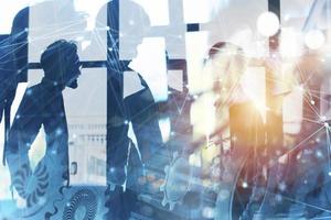 Business team with gears system. Teamwork, partnership and integration concept with network effect. double exposure photo