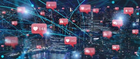 Fast connection in the city at night. Concept of social network and internet network photo