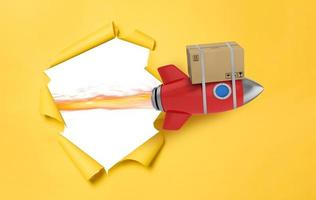 Carton box flies fast with rocket. concept of express and priority delivery photo