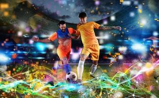 Football scene with soccer players and futuristic digital background photo