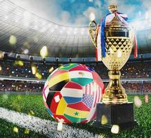 Golden football trophy with soccerball with worldwide contries photo