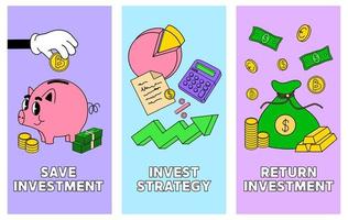 Success investment poster. Businesss payment money. Vector fluers about financial literacy in groovy style.