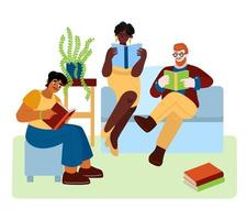 Diverse characters reading together in the living room. An African woman and a caucasian man are reading books on the couch. Hispanic man sitting on a chair nearby. Vector illustration in flat style