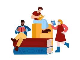 Three multi-cultural people are reading books. Two men are sitting on encyclopedias, a girl is serving a diary from the floor. Vector concept illustration in flat cartoon style