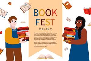 bandera con dos diverso personas a el libro festival. un multicultural hombre y un mujer son participación un apilar de libros. vector póster en plano dibujos animados estilo