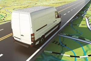 Delivery van runs along the highway on a road map. 3D Rendering photo